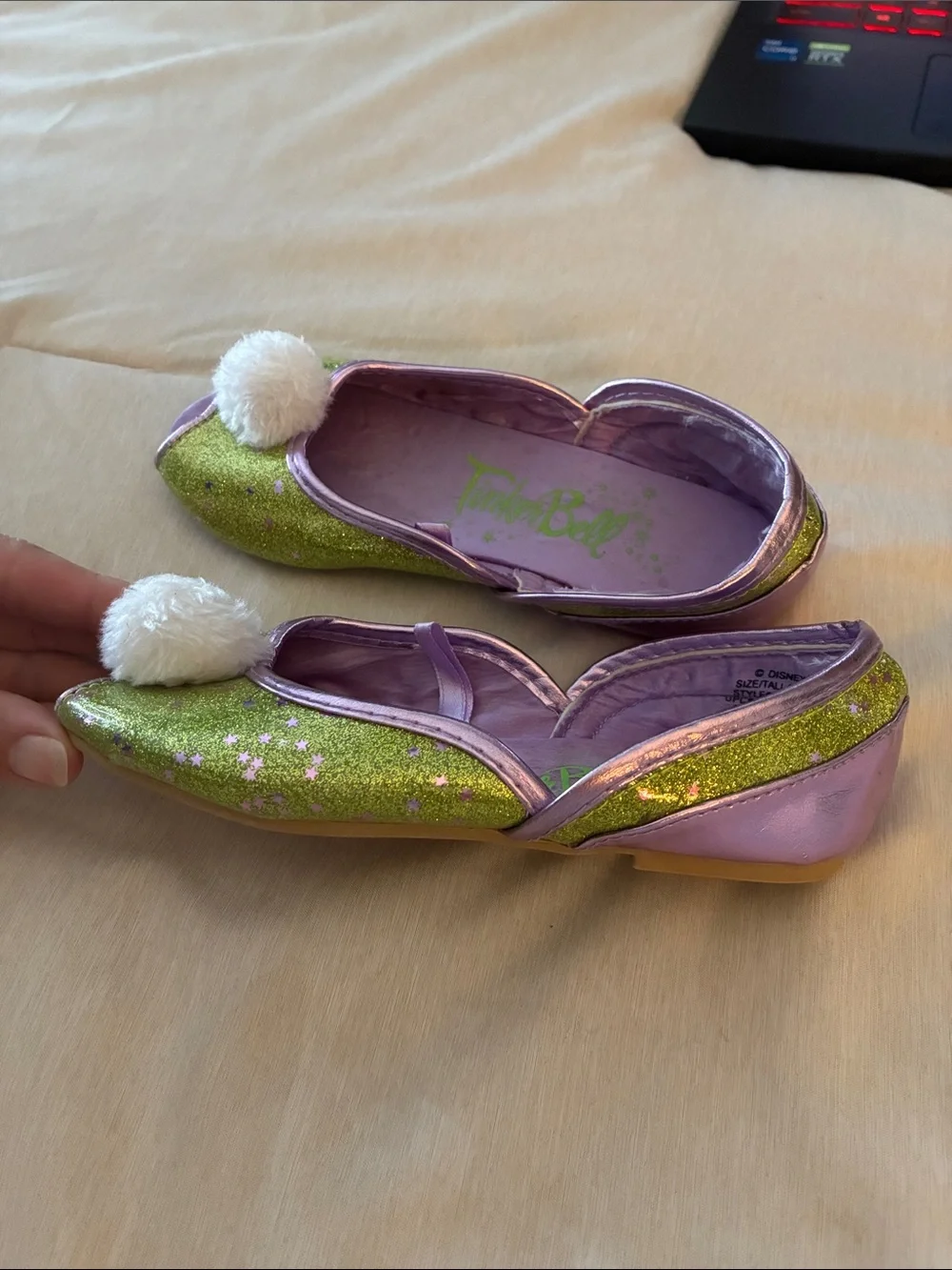 Disney Tinker Bell Green Glitter Girls' Ballet Flats with White Pom-Pom